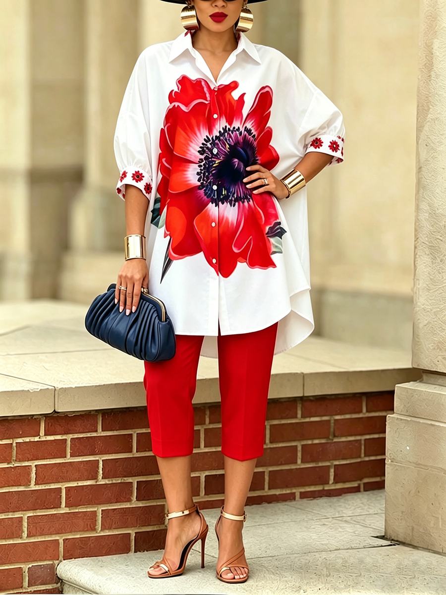 Dellira™ Conjunto artístico y estiloso de dos piezas con camisa y pantalones de flores
