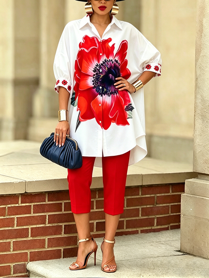 Dellira™ Conjunto artístico y estiloso de dos piezas con camisa y pantalones de flores