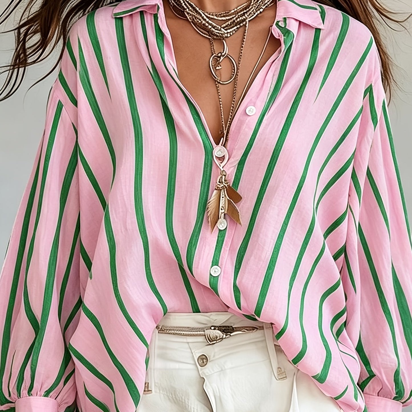 Rosetta | Camisa de Manga Larga de Estilo Retro a Rayas para Mujeres, Estilo Vacacional Suelto, Top de Playa Casual