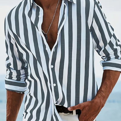 Kervik™ Camisa Tropical para Hombre de Manga Larga con Rayas y Cuello Clásico
