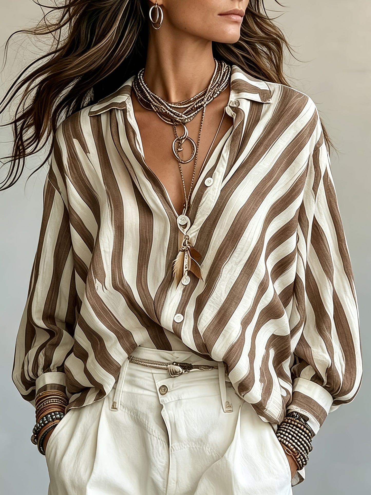 Rosetta | Camisa de Manga Larga de Estilo Retro a Rayas para Mujeres, Estilo Vacacional Suelto, Top de Playa Casual