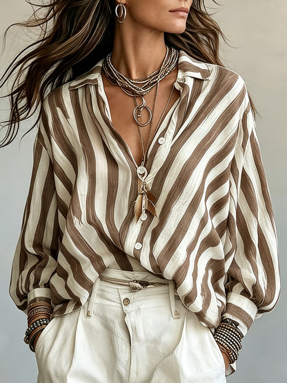 Rosetta | Camisa de Manga Larga de Estilo Retro a Rayas para Mujeres, Estilo Vacacional Suelto, Top de Playa Casual