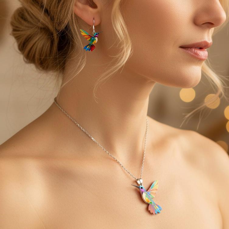 Vaila™ Collar Colibrí Arcoíris + Pendientes a juego de regalo