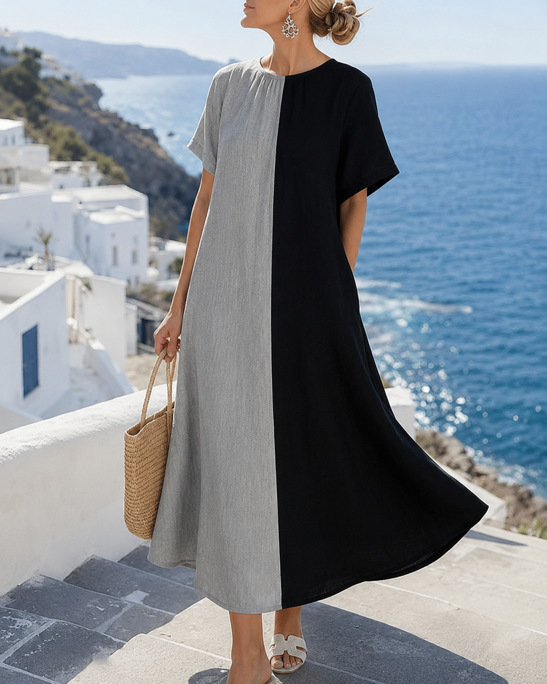 Amory™ Vestido largo casual con cuello redondo y color contrastante