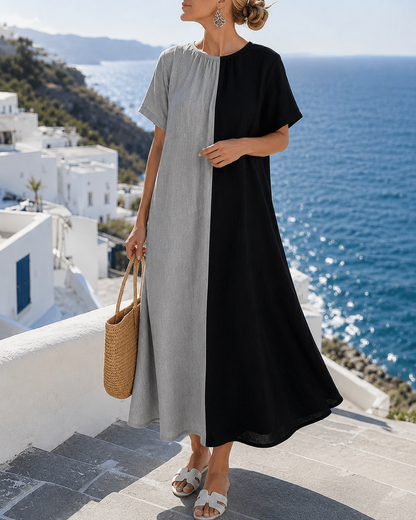 Amory™ Vestido largo casual con cuello redondo y color contrastante