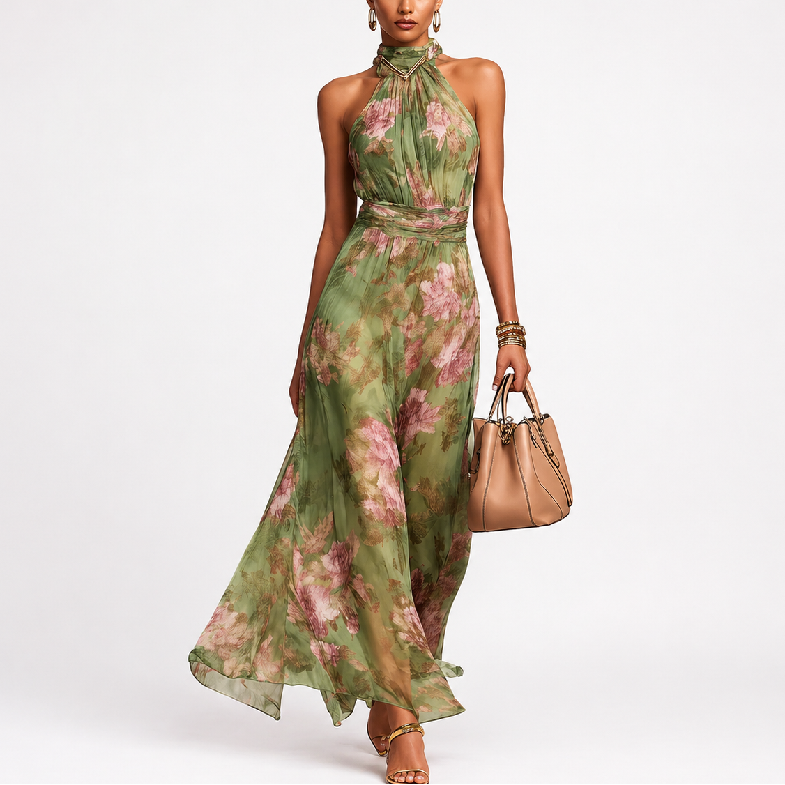 Aria™ Vestido Largo Halter de Gasa Floral en Verde
