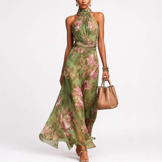 Aria™ Vestido Largo Halter de Gasa Floral en Verde
