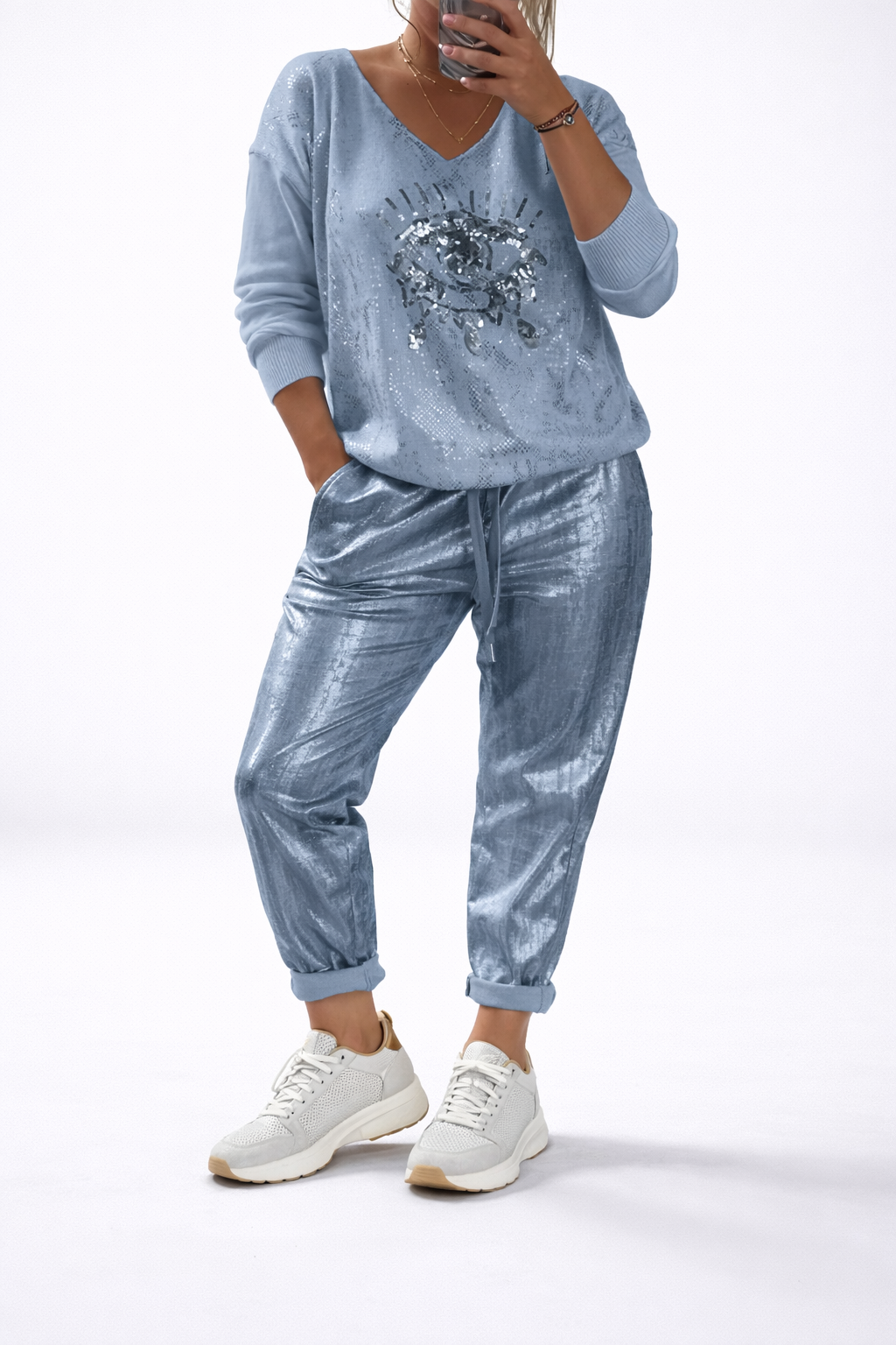 Bellmoire™ Conjunto Top Bordado y Pantalón Metalizado