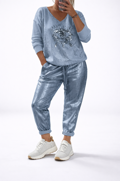 Bellmoire™ Conjunto Top Bordado y Pantalón Metalizado