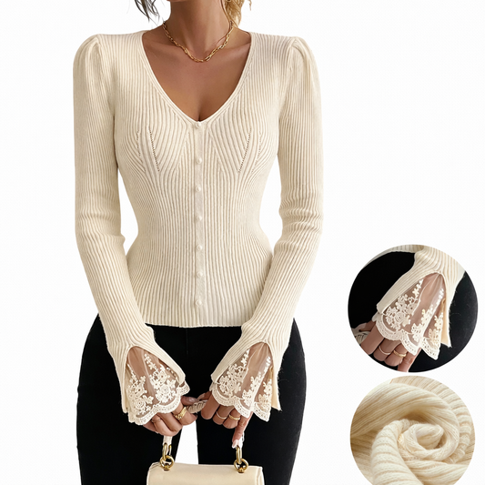 Eviorenne™ Blusa de Canalé con Escote en V y Mangas de Encaje