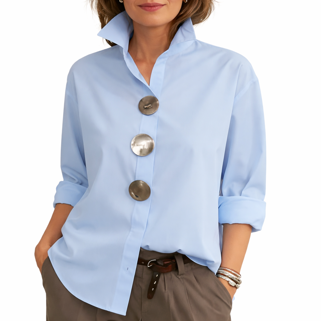 Davinae™ Blusa elegante de algodón y lino con cuello y botones metálicos