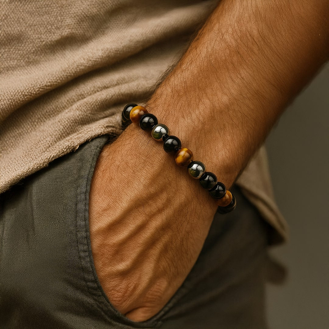 Caryra™ Pulsera "3 Protecciones" en Ojo de Tigre, Hematites y Obsidiana Negra