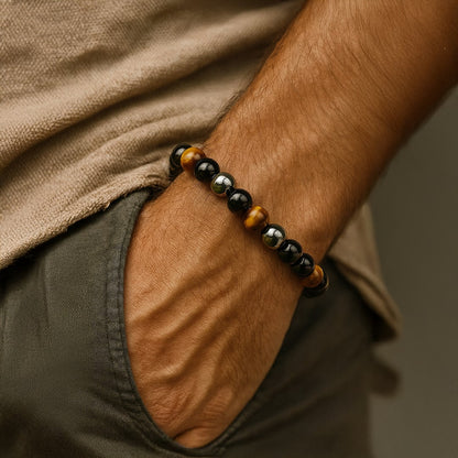 Caryra™ Pulsera "3 Protecciones" en Ojo de Tigre, Hematites y Obsidiana Negra