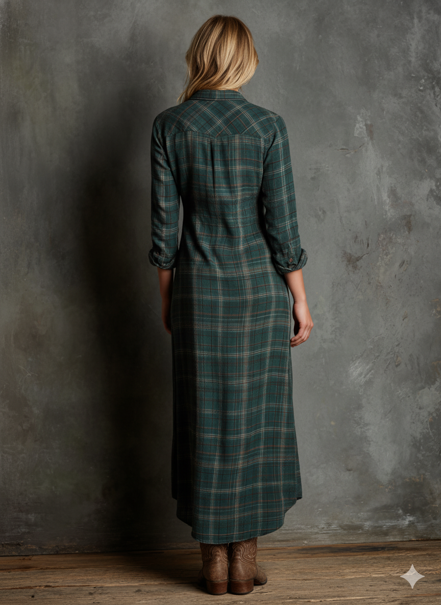 Blayra™ Vestido Maxi de Camisa de Cuadros con Solapa para Mujeres