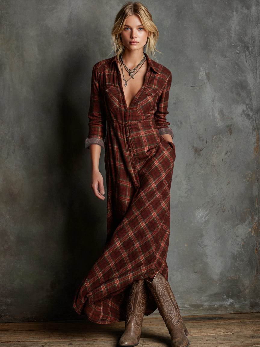Blayra™ Vestido Maxi de Camisa de Cuadros con Solapa para Mujeres