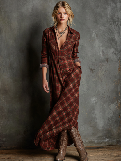 Blayra™ Vestido Maxi de Camisa de Cuadros con Solapa para Mujeres