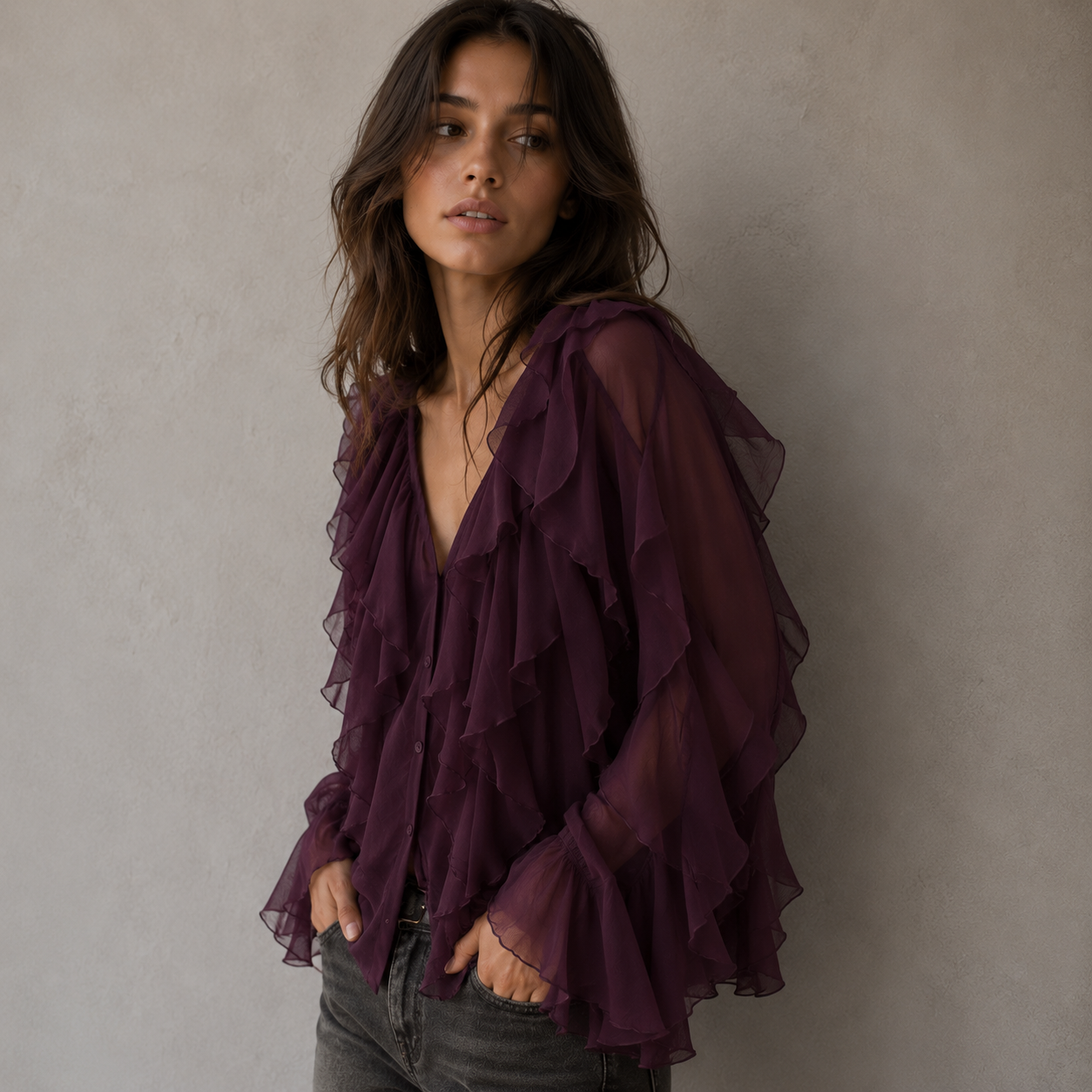 Hensira | Camisa Bohemia Morada con Volantes