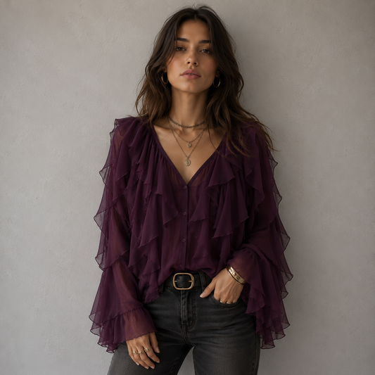 Hensira™ Camisa Gris Bohemia con Volantes