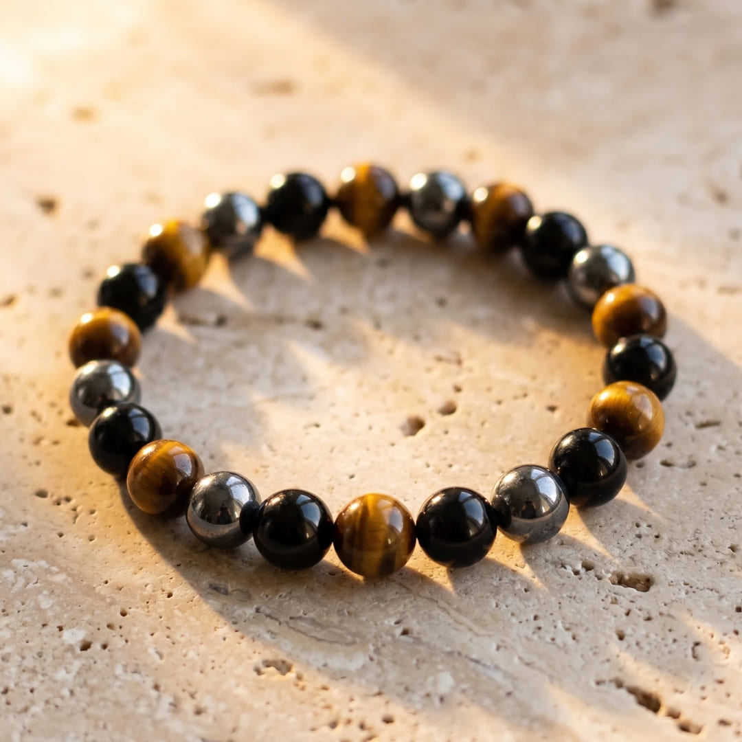 Caryra™ Pulsera "3 Protecciones" en Ojo de Tigre, Hematites y Obsidiana Negra