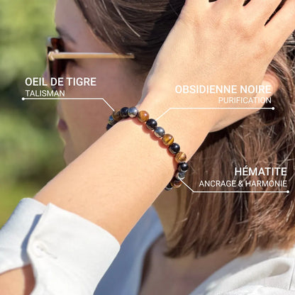 Caryra™ Pulsera "3 Protecciones" en Ojo de Tigre, Hematites y Obsidiana Negra