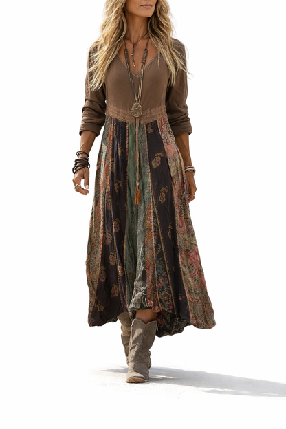 Jovienne™ Vestido Bohemio Patchwork Tierra