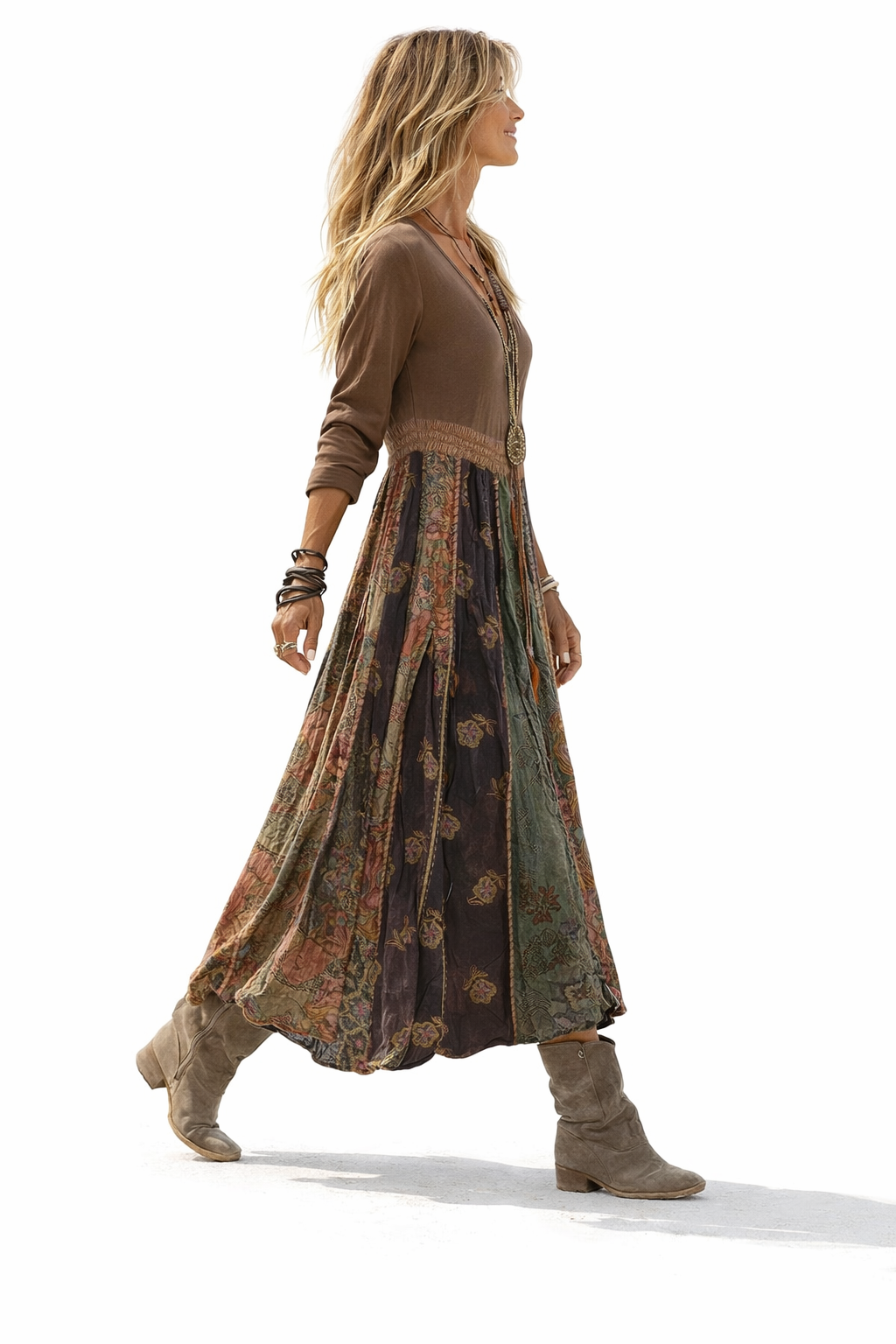 Jovienne™ Vestido Bohemio Patchwork Tierra