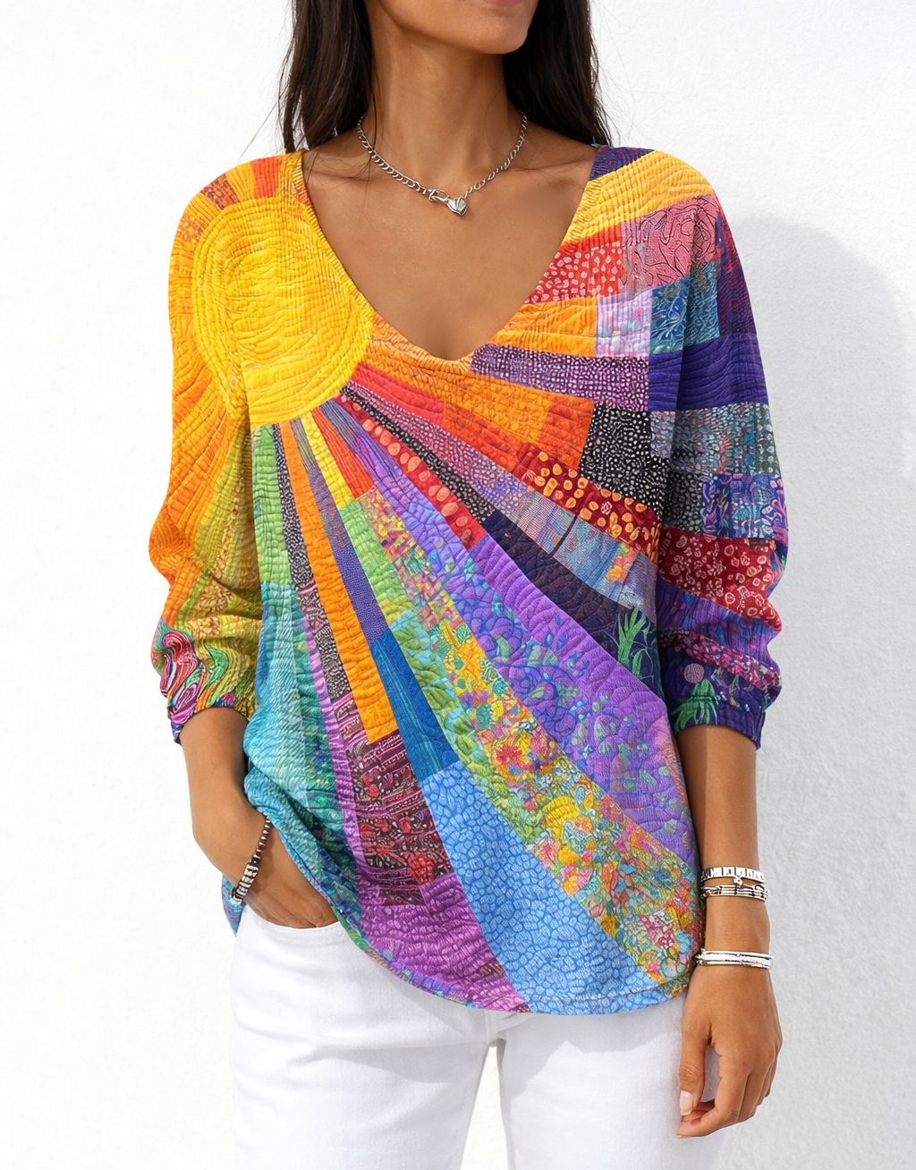 Leviora™ Blusa Patchwork Sol Radiante