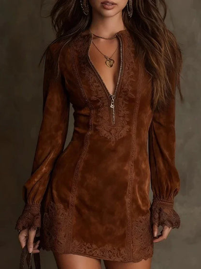 Renata™ Vestido Corto de Encaje y Ante