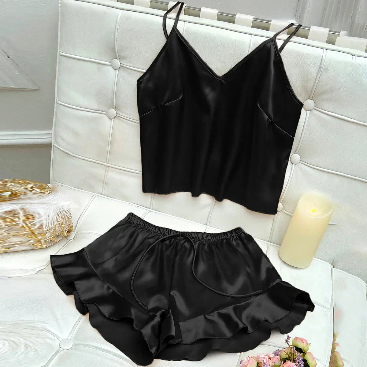Jessa™ Conjunto de Pijamas Completo con Top de Satén y Pantalones Cortos