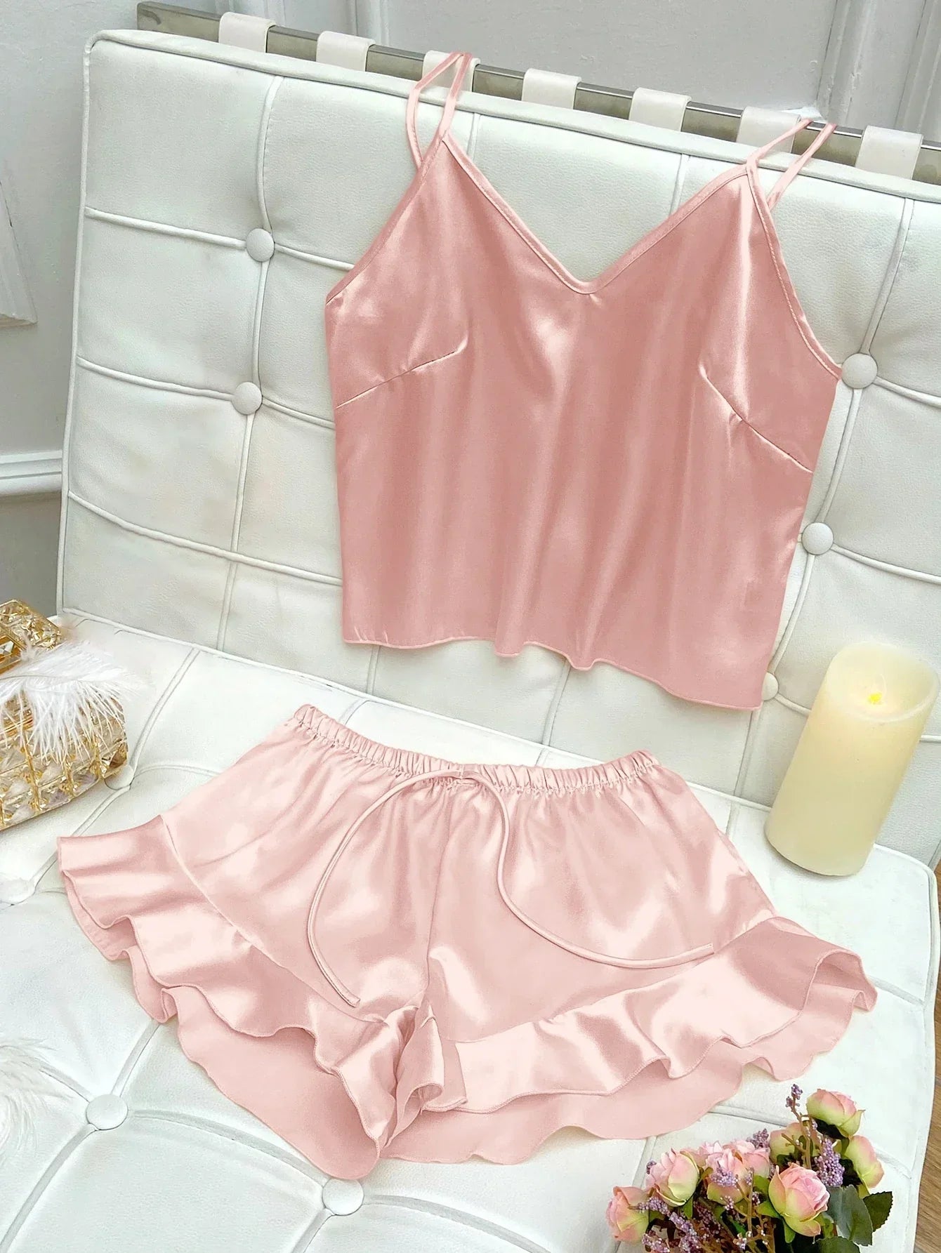 Jessa™ Conjunto de Pijamas Completo con Top de Satén y Pantalones Cortos