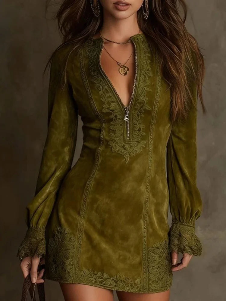 Renata™ Vestido Corto de Encaje y Ante