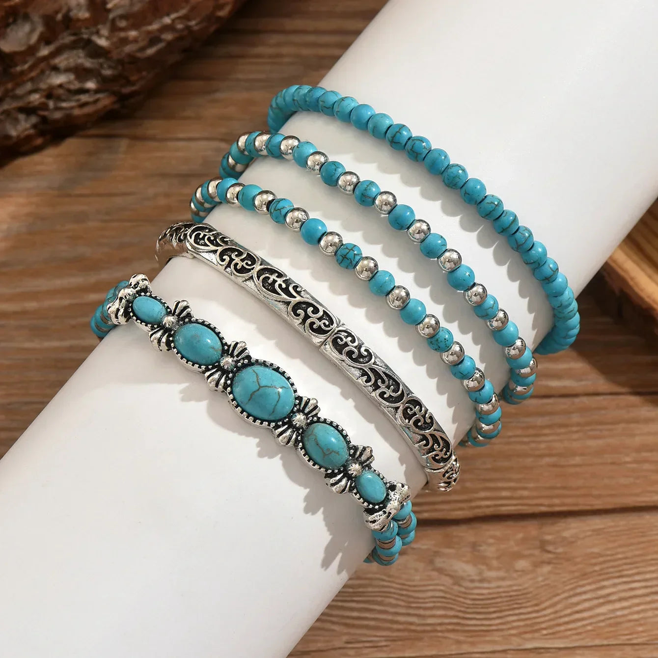 Selavienne™ Pulseras bohemias con cuentas verdes y turquesa