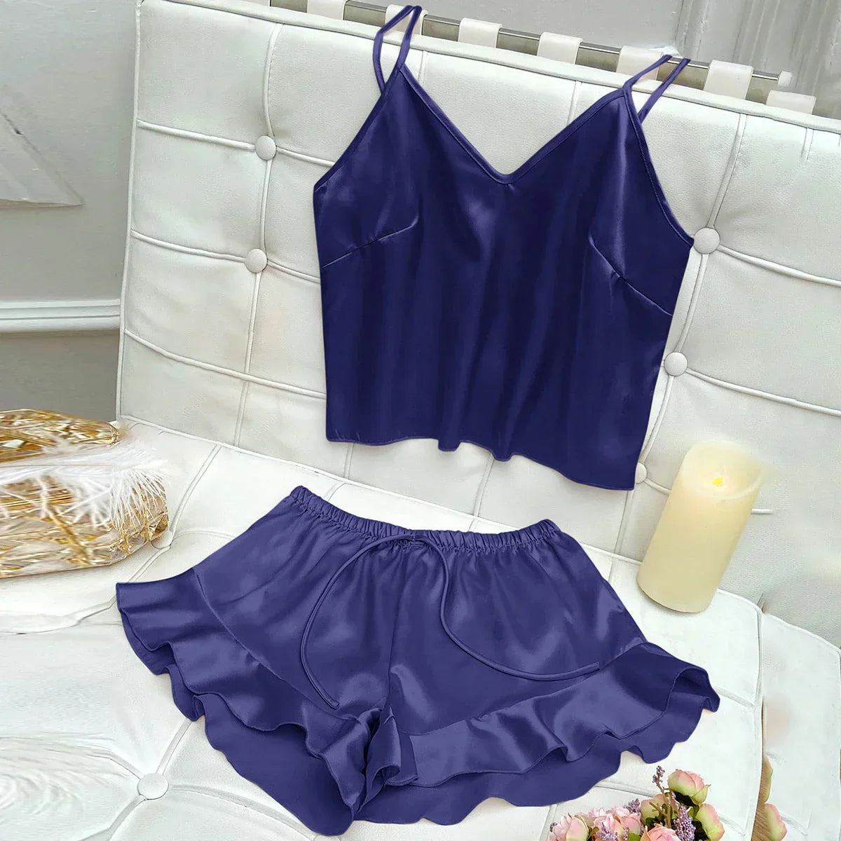 Jessa™ Conjunto de Pijamas Completo con Top de Satén y Pantalones Cortos