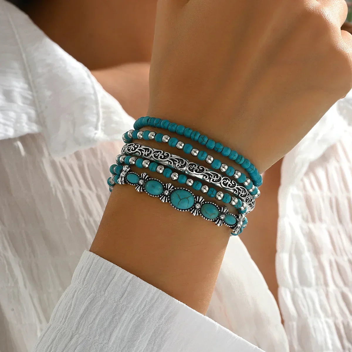 Selavienne™ Pulseras bohemias con cuentas verdes y turquesa