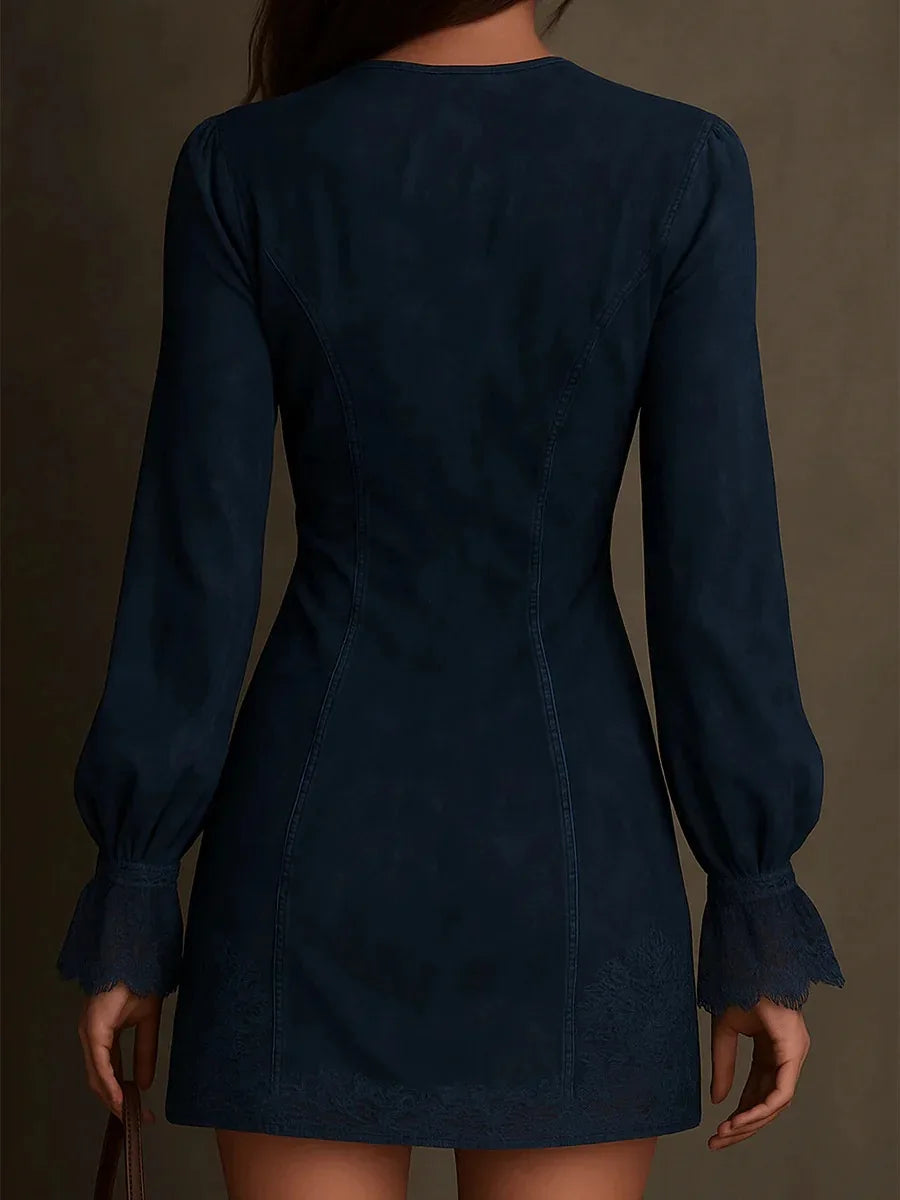 Renata™ Vestido Corto de Encaje y Ante