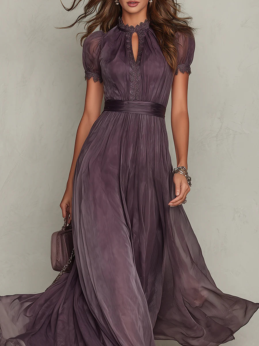 Bellamy™ Vestido largo morado con escote tipo llave, borde de encaje de gasa