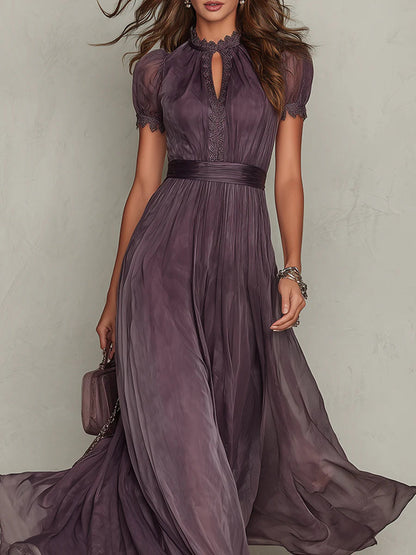 Bellamy™ Vestido largo morado con escote tipo llave, borde de encaje de gasa