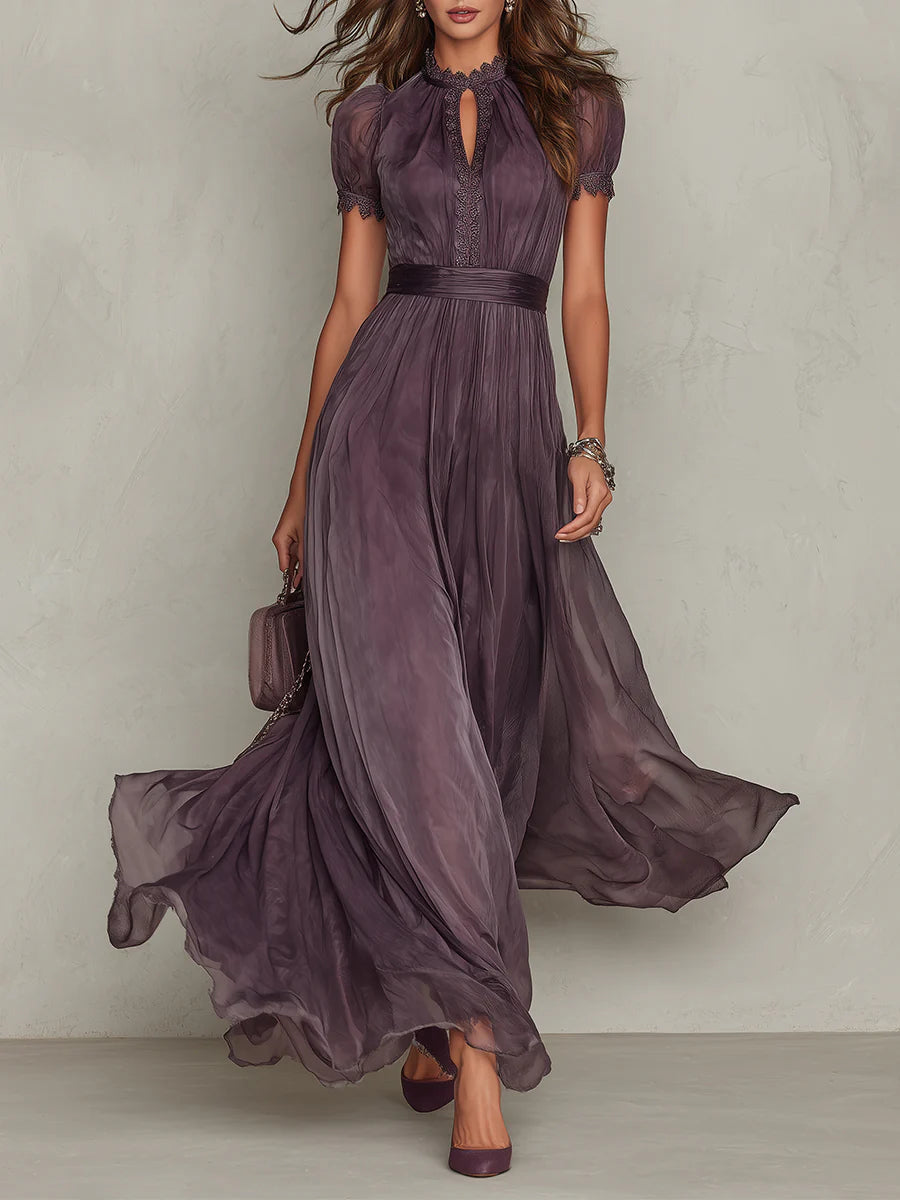 Bellamy™ Vestido largo morado con escote tipo llave, borde de encaje de gasa