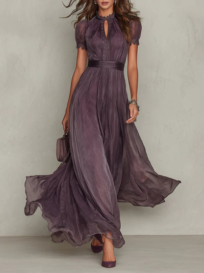 Bellamy™ Vestido largo morado con escote tipo llave, borde de encaje de gasa