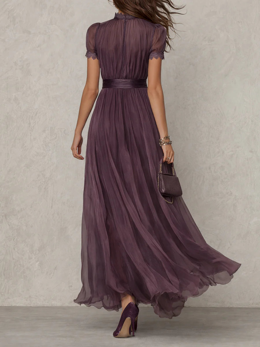 Bellamy™ Vestido largo morado con escote tipo llave, borde de encaje de gasa
