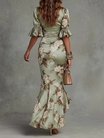 Virae™ Vestido Midi de Satén con Estampado Floral y Escote en V