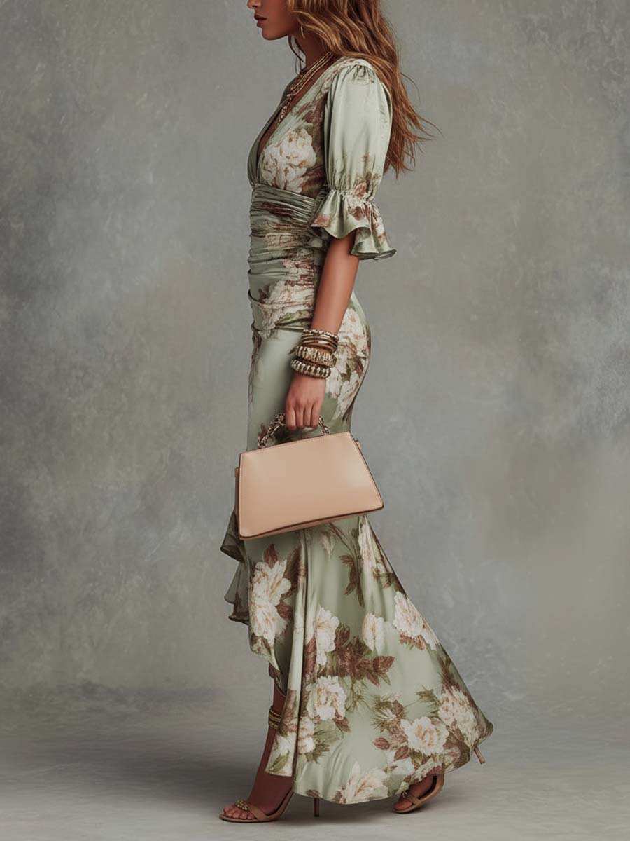 Virae™ Vestido Midi de Satén con Estampado Floral y Escote en V