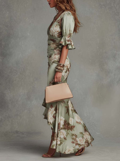 Virae™ Vestido Midi de Satén con Estampado Floral y Escote en V