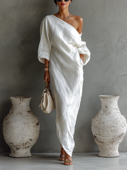 Linoretta™ Vestido maxi elegante de un hombro con caída fluida