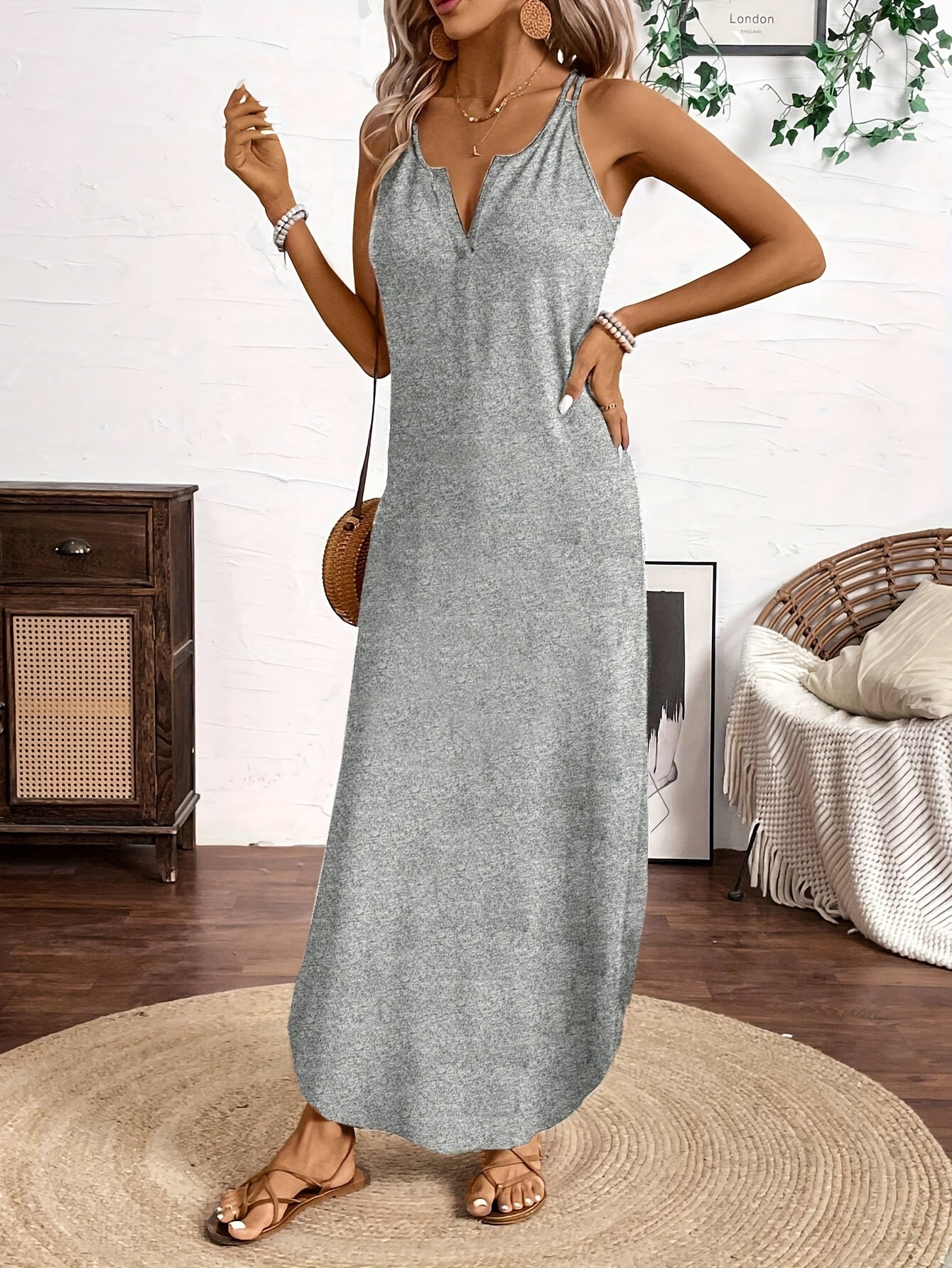 Sailor™ Vestido Midi de Tirantes con Escote en V y Estilo Relajado