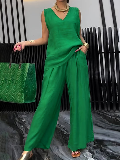Kalia™ Conjunto Casual de Dos Piezas con Top sin Mangas y Pantalón Amplio