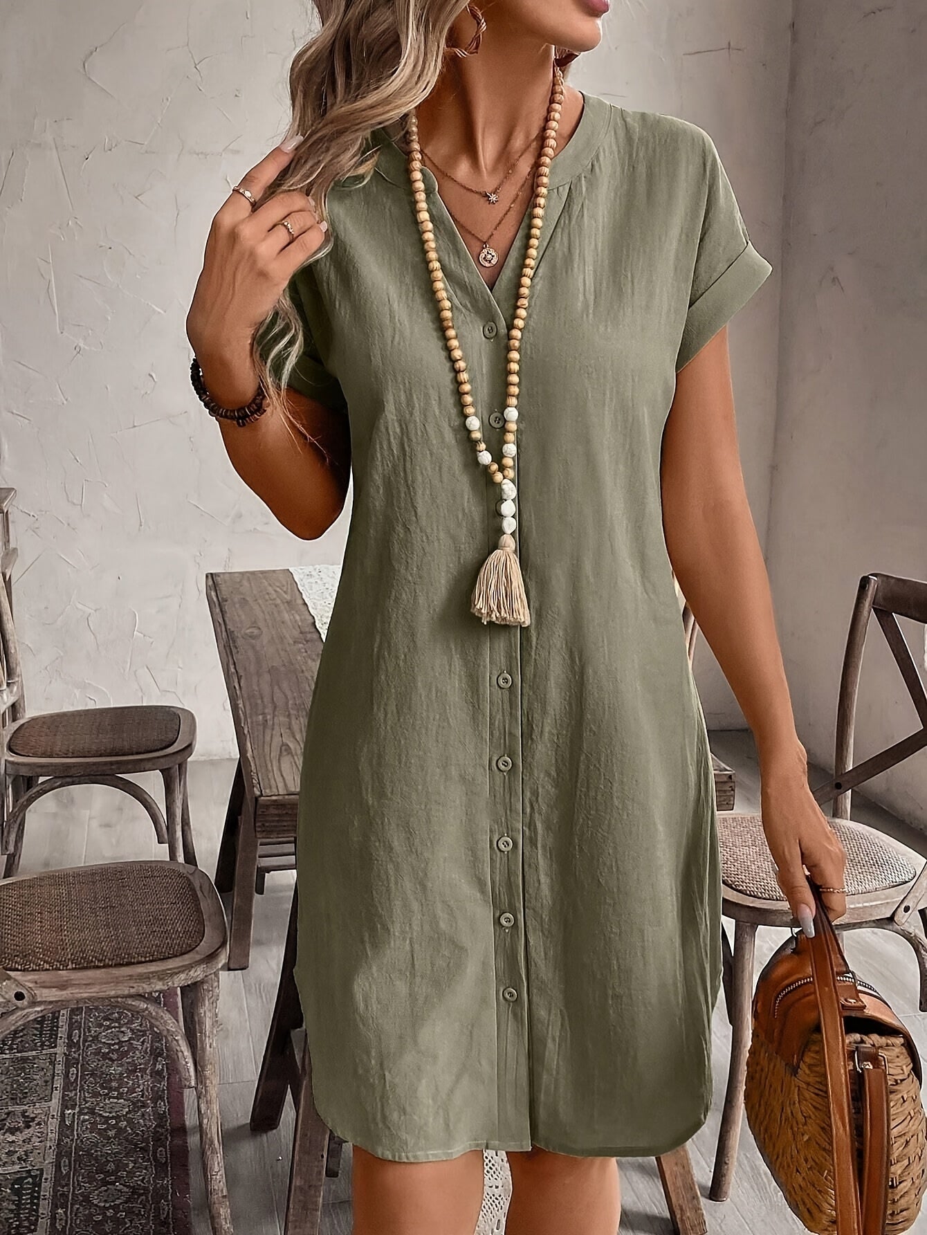 Celine™ Vestido Casual Suelto con Cuello en V y Botones