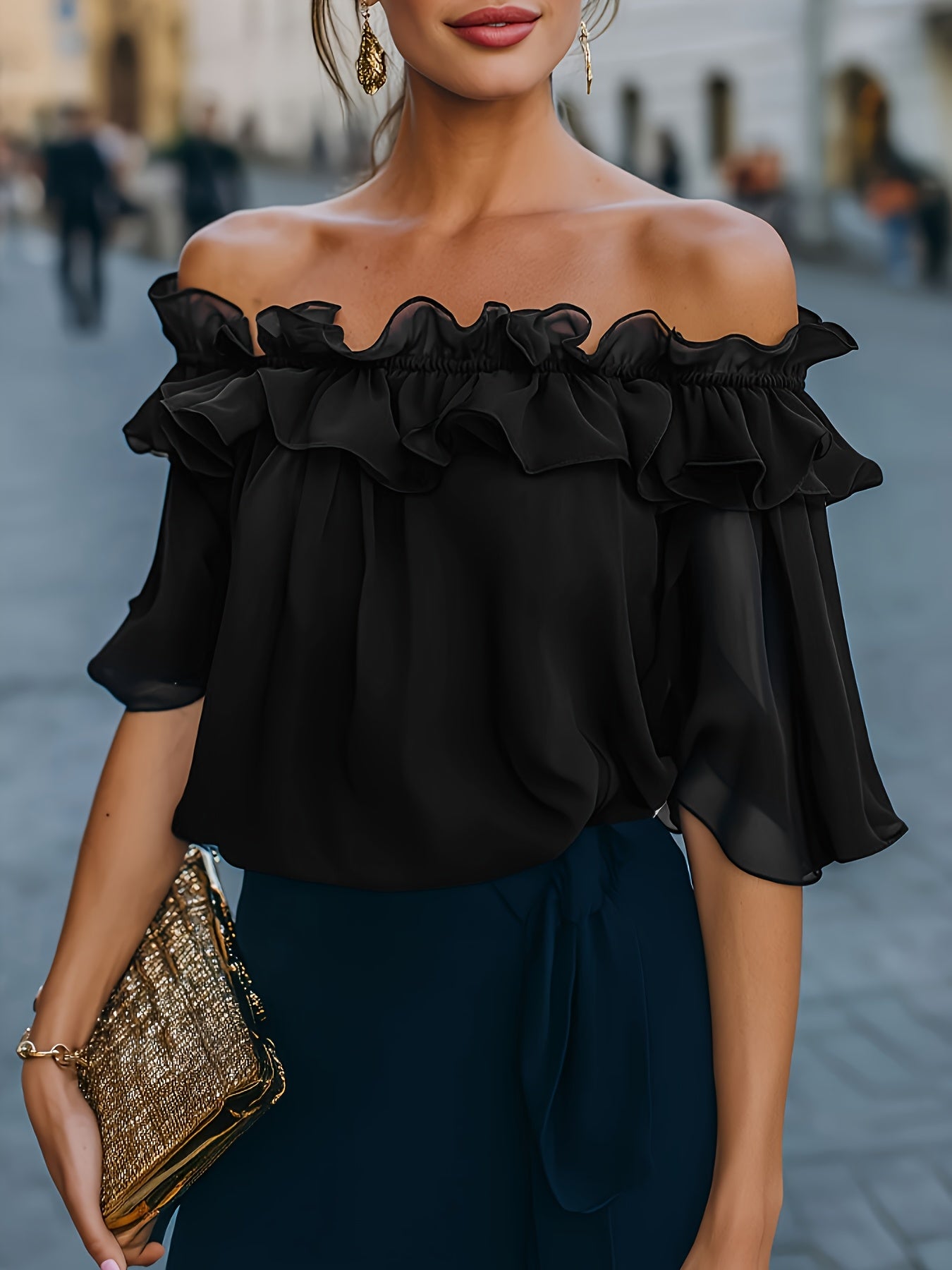 Bruvelle™ Blusa Elegante de Hombros Descubiertos con Manga Corta