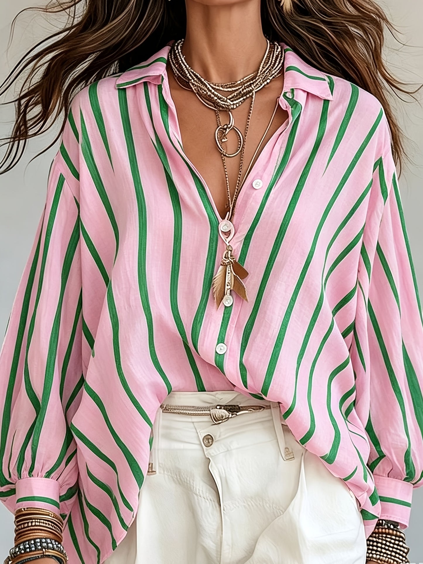 Rosetta | Camisa de Manga Larga de Estilo Retro a Rayas para Mujeres, Estilo Vacacional Suelto, Top de Playa Casual