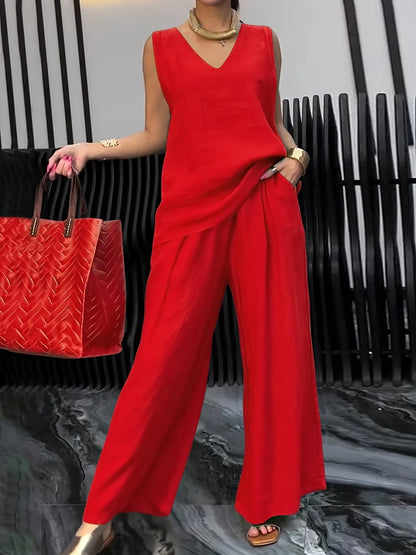Kalia™ Conjunto Casual de Dos Piezas con Top sin Mangas y Pantalón Amplio